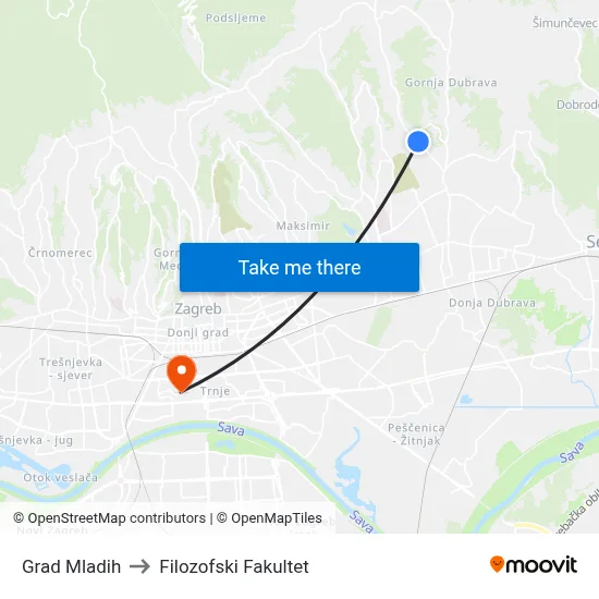 Grad Mladih to Filozofski Fakultet map