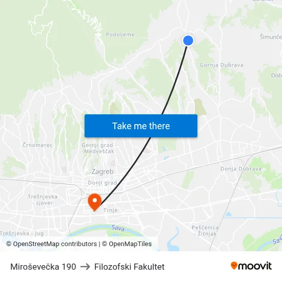 Miroševečka 190 to Filozofski Fakultet map