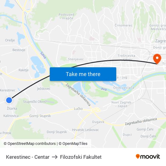 Kerestinec - Centar to Filozofski Fakultet map