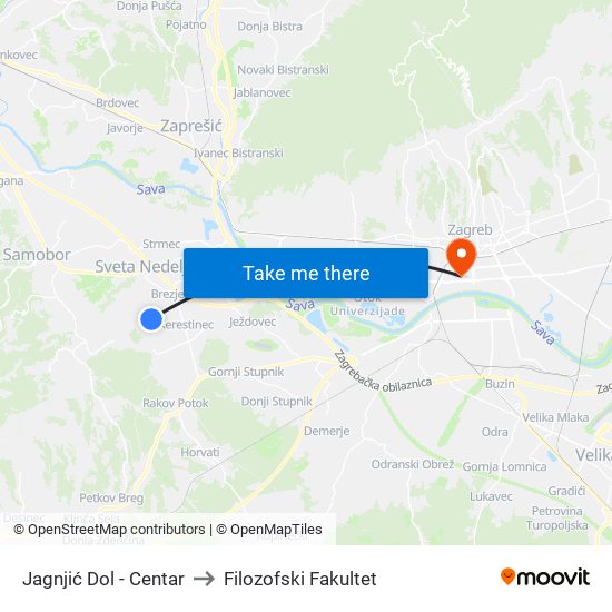 Jagnjić Dol - Centar to Filozofski Fakultet map