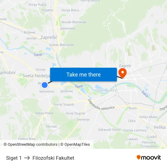 Siget 1 to Filozofski Fakultet map