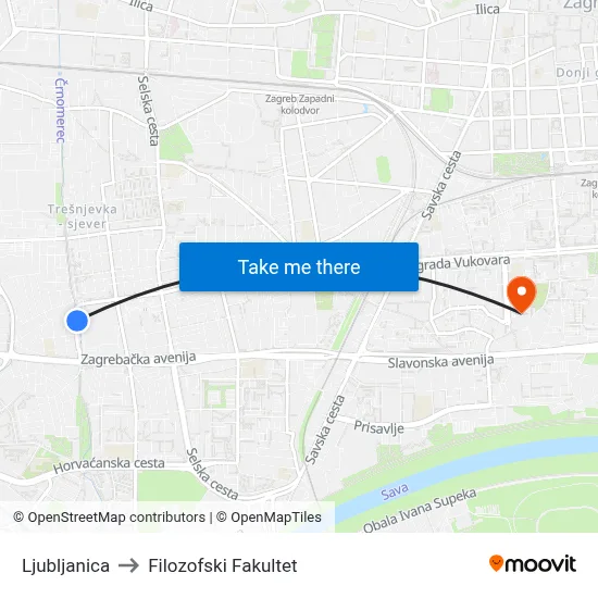 Ljubljanica to Filozofski Fakultet map