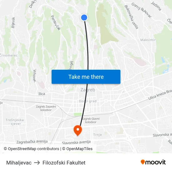 Mihaljevac to Filozofski Fakultet map