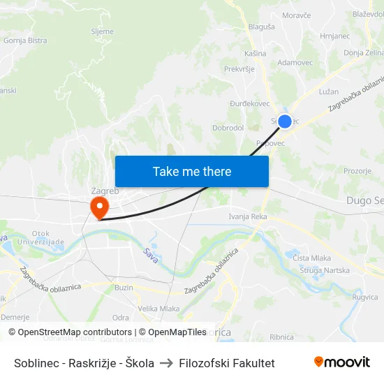 Soblinec - Raskrižje - Škola to Filozofski Fakultet map