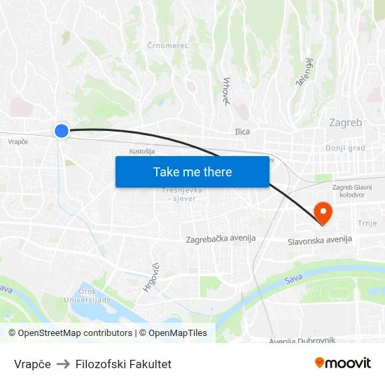 Vrapče to Filozofski Fakultet map