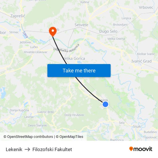 Lekenik to Filozofski Fakultet map