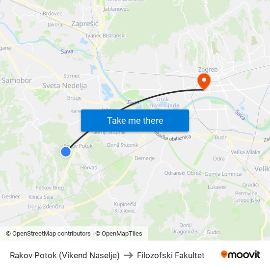 Rakov Potok (Vikend Naselje) to Filozofski Fakultet map