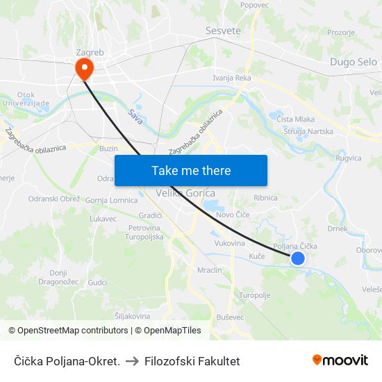 Čička Poljana-Okret. to Filozofski Fakultet map