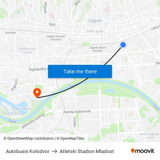 Autobusni Kolodvor to Atletski Stadion Mladost map