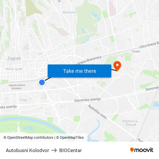 Autobusni Kolodvor to BIOCentar map