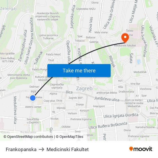 Frankopanska to Medicinski Fakultet map
