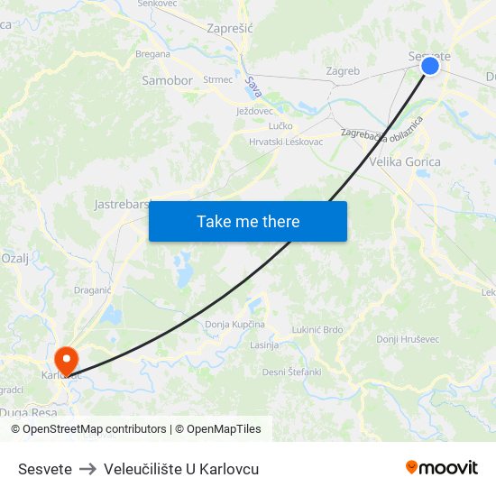 Sesvete to Veleučilište U Karlovcu map