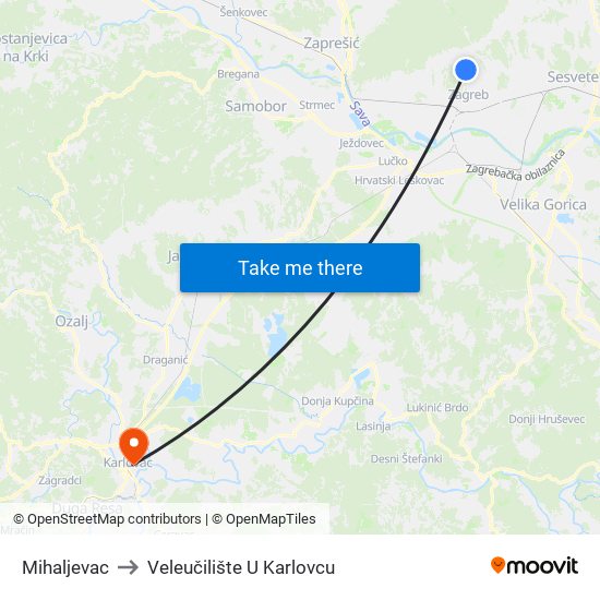 Mihaljevac to Veleučilište U Karlovcu map