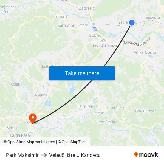 Park Maksimir to Veleučilište U Karlovcu map