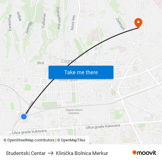 Studentski Centar to Klinička Bolnica Merkur map