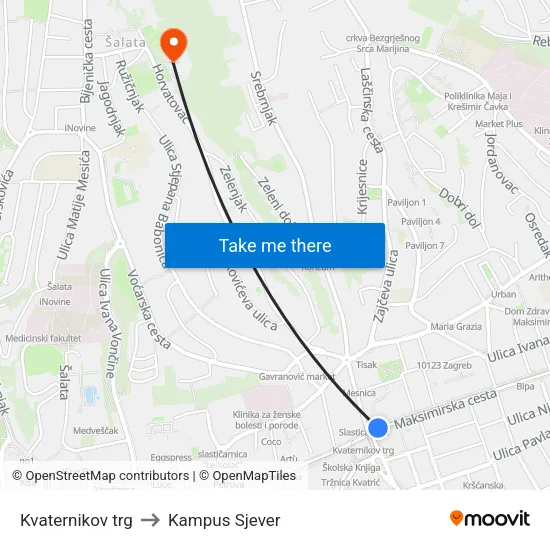 Kvaternikov trg to Kampus Sjever map