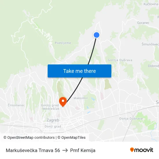 Markuševečka Trnava 56 to Pmf Kemija map