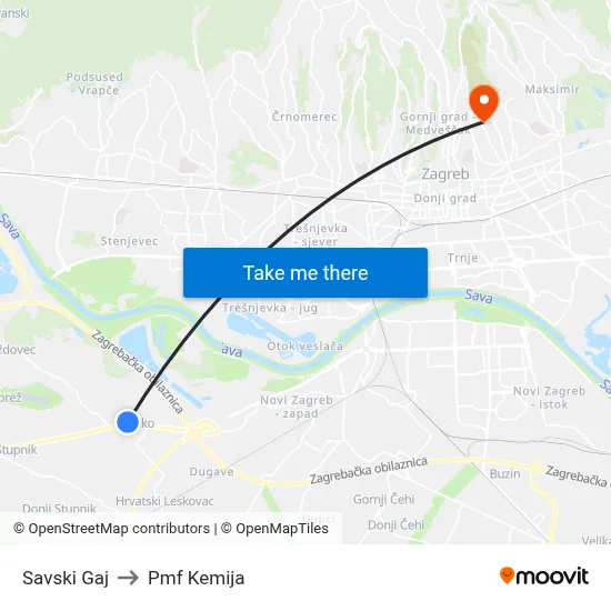 Savski Gaj to Pmf Kemija map