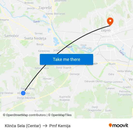 Klinča Sela (Centar) to Pmf Kemija map