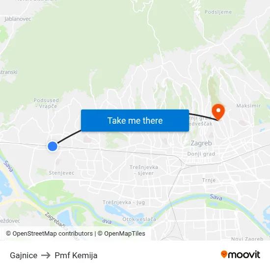 Gajnice to Pmf Kemija map