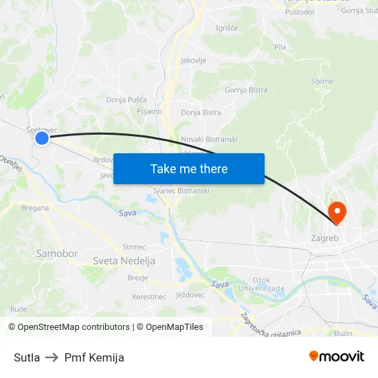 Sutla to Pmf Kemija map