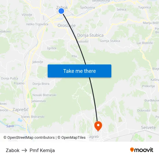 Zabok to Pmf Kemija map