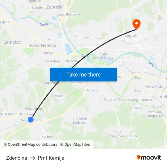 Zdenčina to Pmf Kemija map