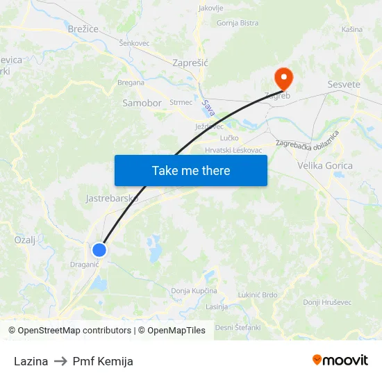 Lazina to Pmf Kemija map