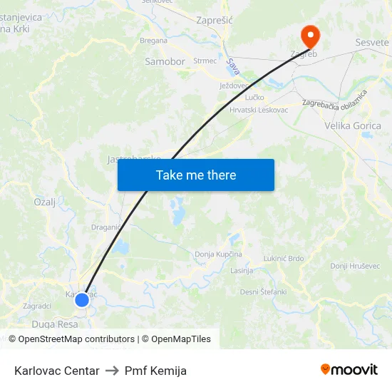 Karlovac Centar to Pmf Kemija map