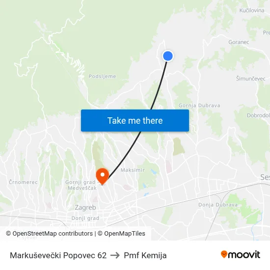 Markuševečki Popovec 62 to Pmf Kemija map