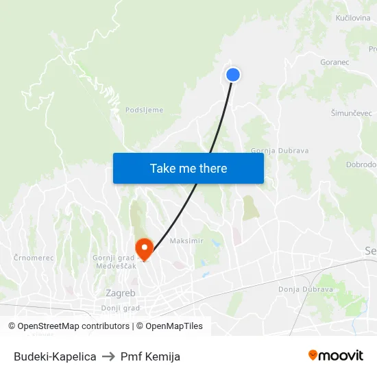 Budeki-Kapelica to Pmf Kemija map