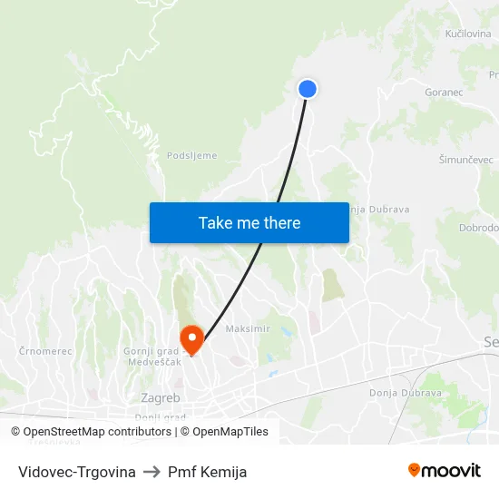 Vidovec-Trgovina to Pmf Kemija map