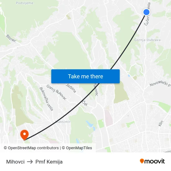 Mihovci to Pmf Kemija map