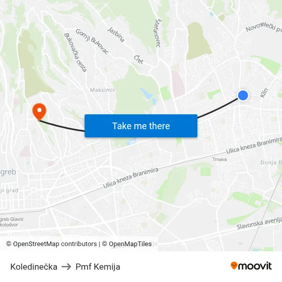 Koledinečka to Pmf Kemija map