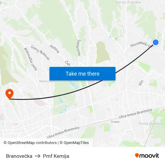 Branovečka to Pmf Kemija map