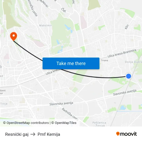 Resnički gaj to Pmf Kemija map