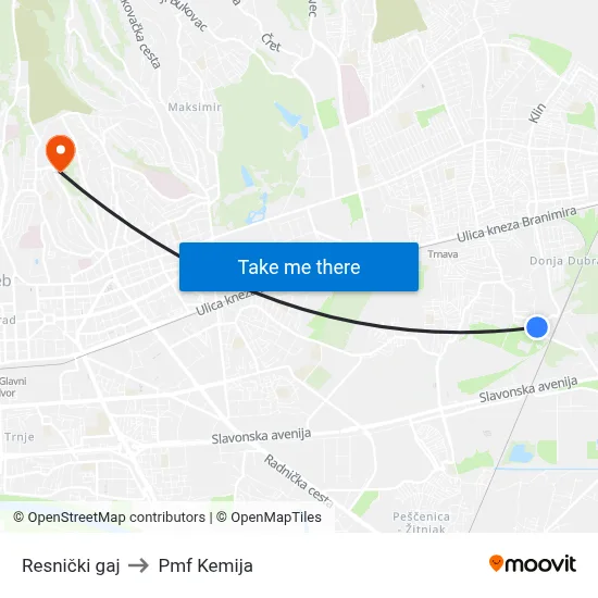 Resnički gaj to Pmf Kemija map