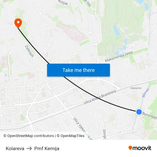Kolareva to Pmf Kemija map