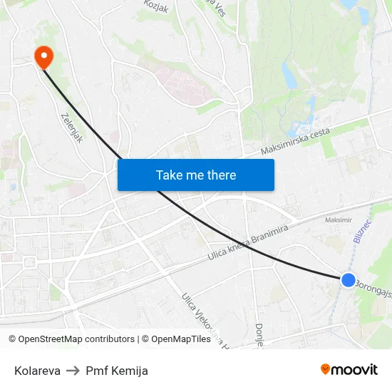 Kolareva to Pmf Kemija map