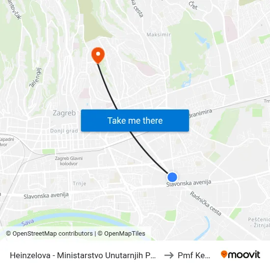 Heinzelova - Ministarstvo Unutarnjih Poslova to Pmf Kemija map