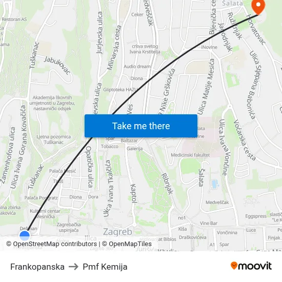 Frankopanska to Pmf Kemija map