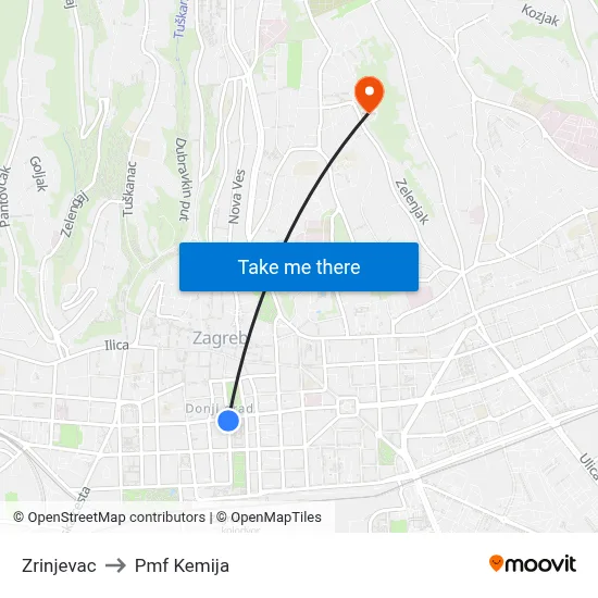 Zrinjevac to Pmf Kemija map