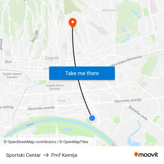 Sportski Centar to Pmf Kemija map