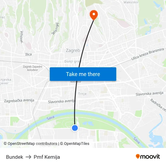 Bundek to Pmf Kemija map