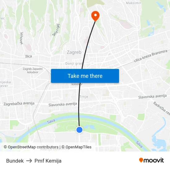 Bundek to Pmf Kemija map