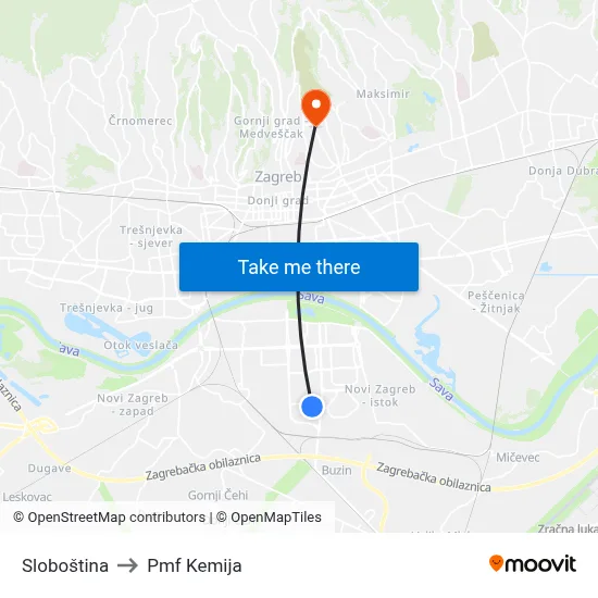 Sloboština to Pmf Kemija map