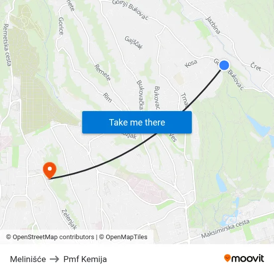 Melinišće to Pmf Kemija map