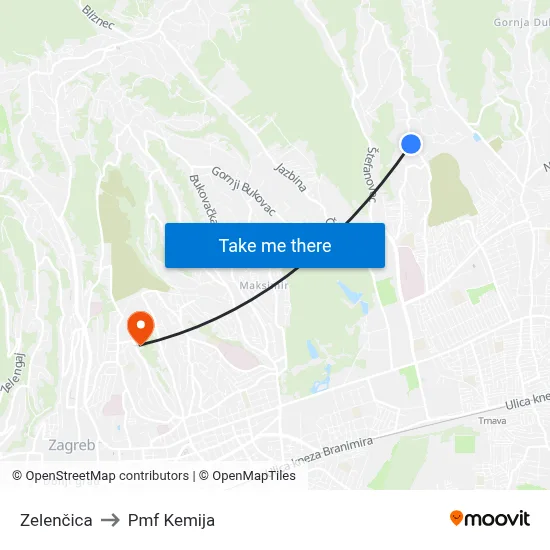 Zelenčica to Pmf Kemija map