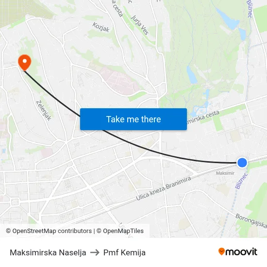 Maksimirska Naselja to Pmf Kemija map