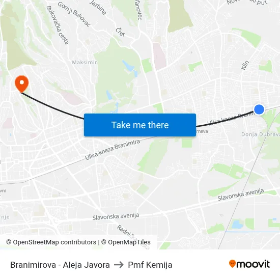 Branimirova - Aleja Javora to Pmf Kemija map